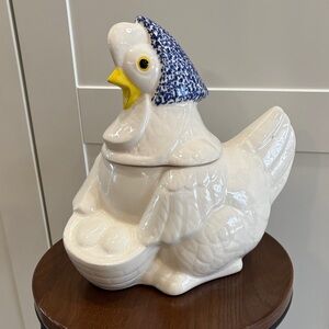 White Ceramic Hen Cookie Jar with Blue Spotted Scarf and Yellow Beak
